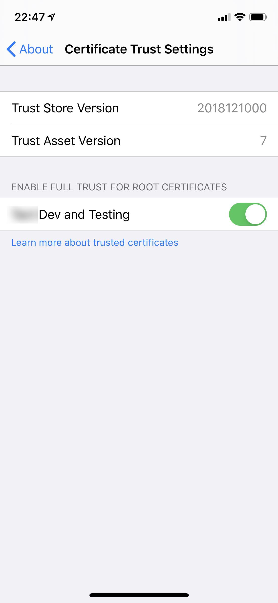 iOS 13 root certificate trust settings