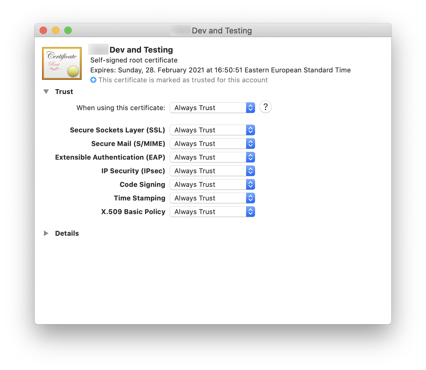 macOS root certificate trust settings